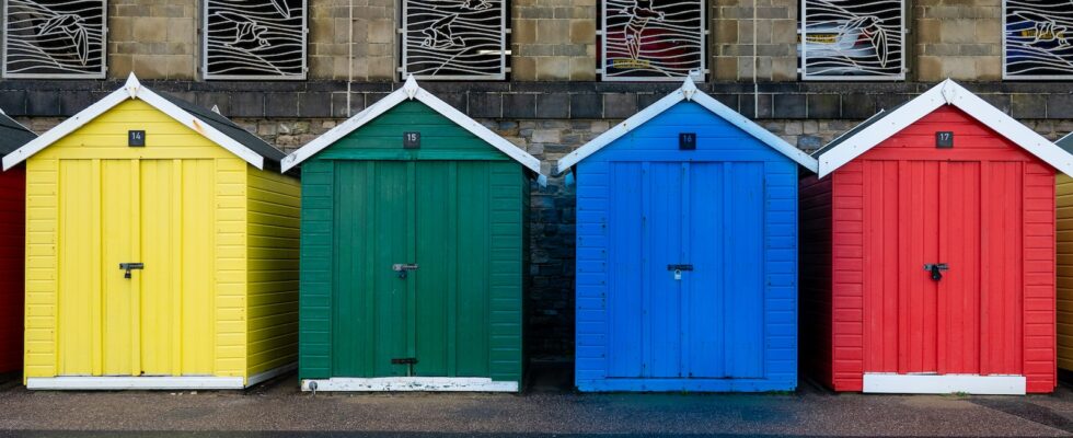 blue red yellow and green wooden doors