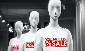 Three mannequins in a clothing store during Black Friday sales season