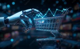AI-driven e-commerce concept: A robot hand holds a glowing shopping cart surrounded by upward trend lines, symbolizing AIâ€™s role in e-commerce growth