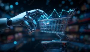 AI-driven e-commerce concept: A robot hand holds a glowing shopping cart surrounded by upward trend lines, symbolizing AIâ€™s role in e-commerce growth