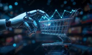 AI-driven e-commerce concept: A robot hand holds a glowing shopping cart surrounded by upward trend lines, symbolizing AIâ€™s role in e-commerce growth