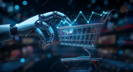 AI-driven e-commerce concept: A robot hand holds a glowing shopping cart surrounded by upward trend lines, symbolizing AIâ€™s role in e-commerce growth