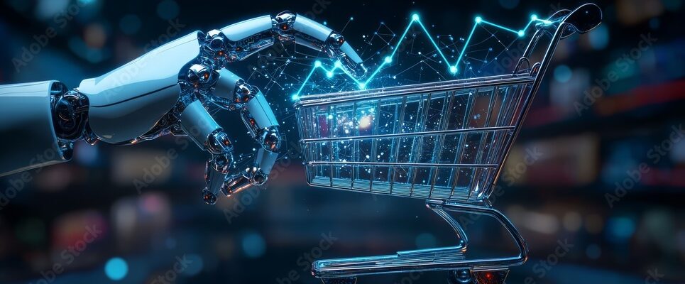 AI-driven e-commerce concept: A robot hand holds a glowing shopping cart surrounded by upward trend lines, symbolizing AIâ€™s role in e-commerce growth