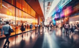 Busy Shopping Mall with Colorful Glass Facade