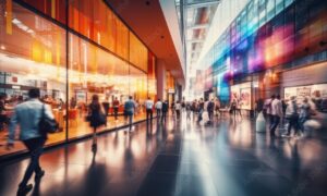 Busy Shopping Mall with Colorful Glass Facade