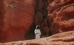photography of astronaut standing beside rock formation during daytime