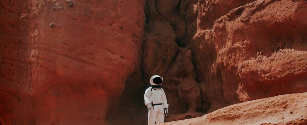 photography of astronaut standing beside rock formation during daytime